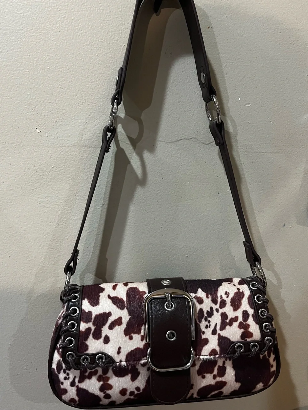 Women's Cowhide Print Shoulder Bag - Brown & White